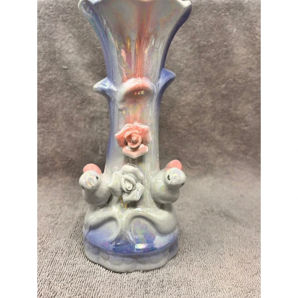 Vintage Iridescent Lusterware Bird Bud Vase Pink Blue Roses Japan 7.5